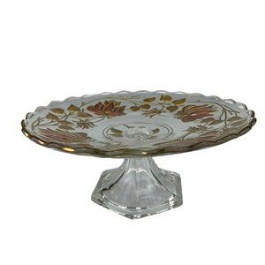 Goofus Glass Reverse Painted Cake Stand Flower Floral Leaves Orange Red Gold 7”